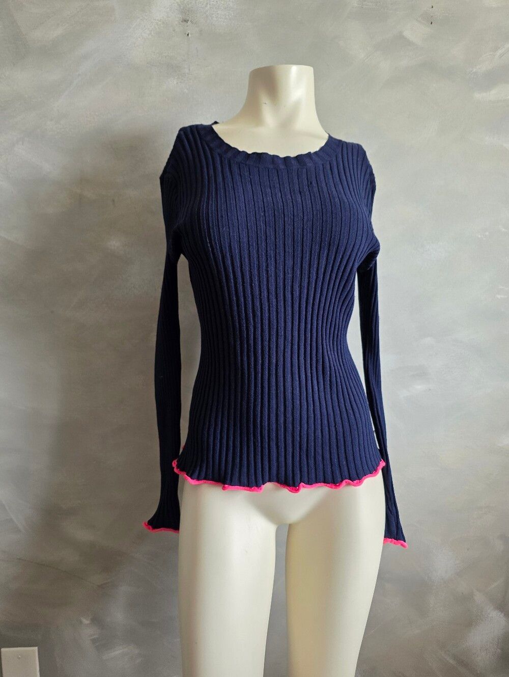 Milly Navy Blue Ribbed Sweater Pink Lettuce Edge Trim Baby Bell Sleeve Sz M